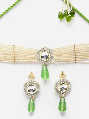 Green & cream necklace with earring jewellery set with kundan & pearls 4