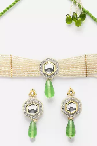 Green & cream necklace with earring jewellery set with kundan & pearls