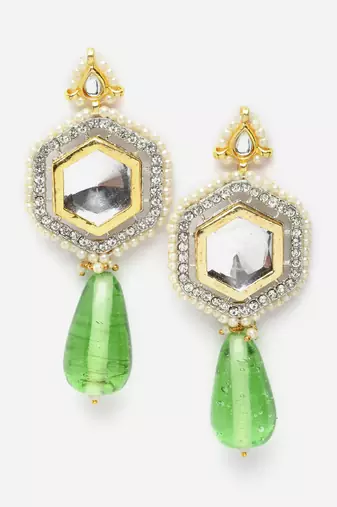 Green & cream necklace with earring jewellery set with kundan & pearls