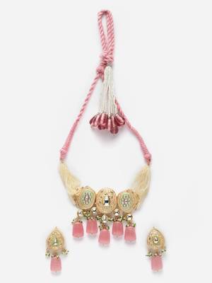 Pink & peach necklace with earring jewellery set with kundan & pearls 3