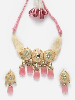 Pink & peach necklace with earring jewellery set with kundan & pearls 4
