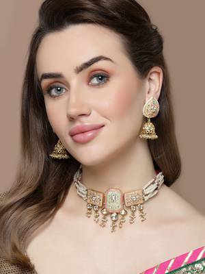 Peach & green necklace with earring jewellery set with kundan & american diamonds 1