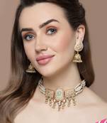 Peach & green necklace with earring jewellery set with kundan & american diamonds