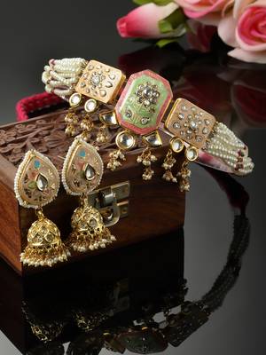 Peach & green necklace with earring jewellery set with kundan & american diamonds 2