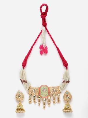 Peach & green necklace with earring jewellery set with kundan & american diamonds 3