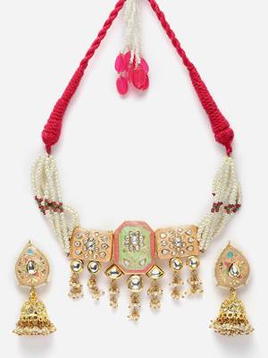 Peach & green necklace with earring jewellery set with kundan & american diamonds 4