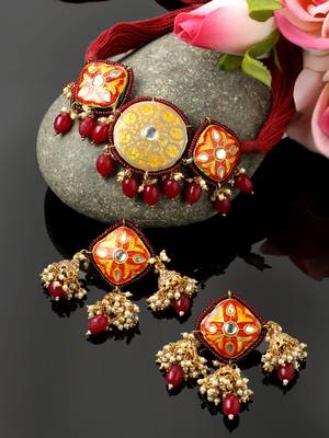Red & grey necklace with earring jewellery set with kundan & pearls 2