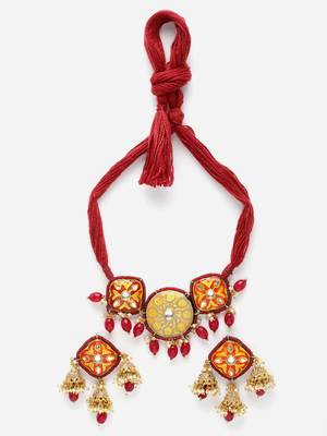 Red & grey necklace with earring jewellery set with kundan & pearls 3