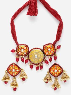 Red & grey necklace with earring jewellery set with kundan & pearls 4