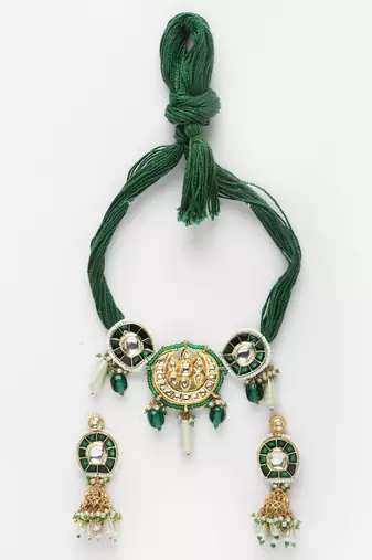 Green & gold necklace with earring jewellery set with kundan & pearls