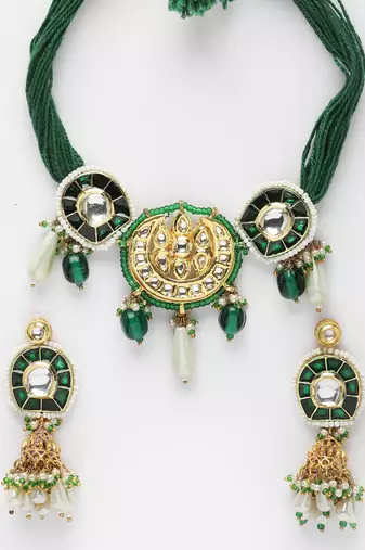 Green & gold necklace with earring jewellery set with kundan & pearls