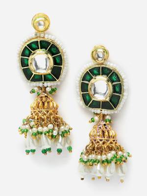 Green & gold necklace with earring jewellery set with kundan & pearls 5