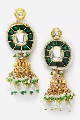 Green & gold necklace with earring jewellery set with kundan & pearls