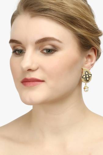 Women gold-plated  stone-studded pearl drop earrings