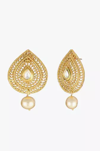 Women gold plated  stone and pearl  drop earrings
