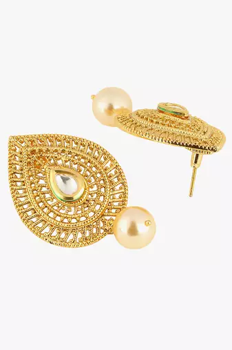 Women gold plated  stone and pearl  drop earrings