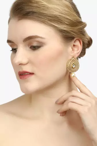 Women gold plated  stone and pearl  drop earrings