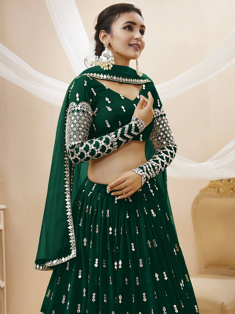 Alluring Green Sequins Georgette Bridesmaid Lehenga Choli With Dupatta