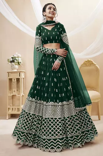 green sequins georgette lehenga set choli with dupatta with dupatta