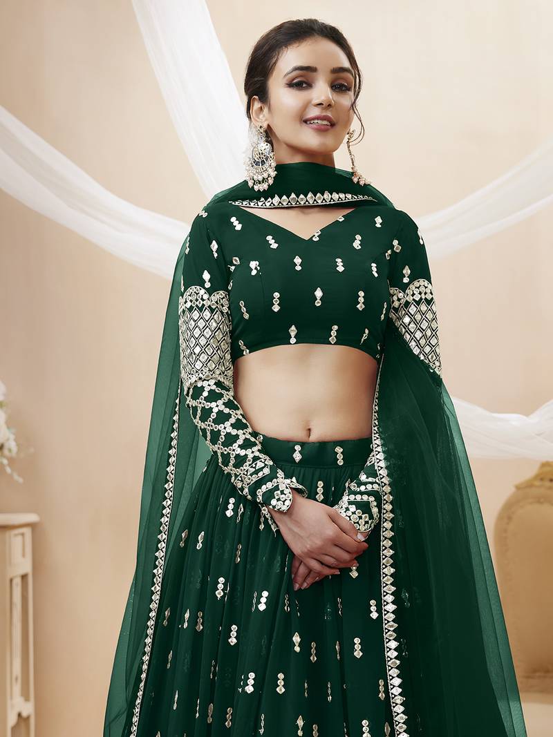 Alluring Green Sequins Georgette Bridesmaid Lehenga Choli With Dupatta