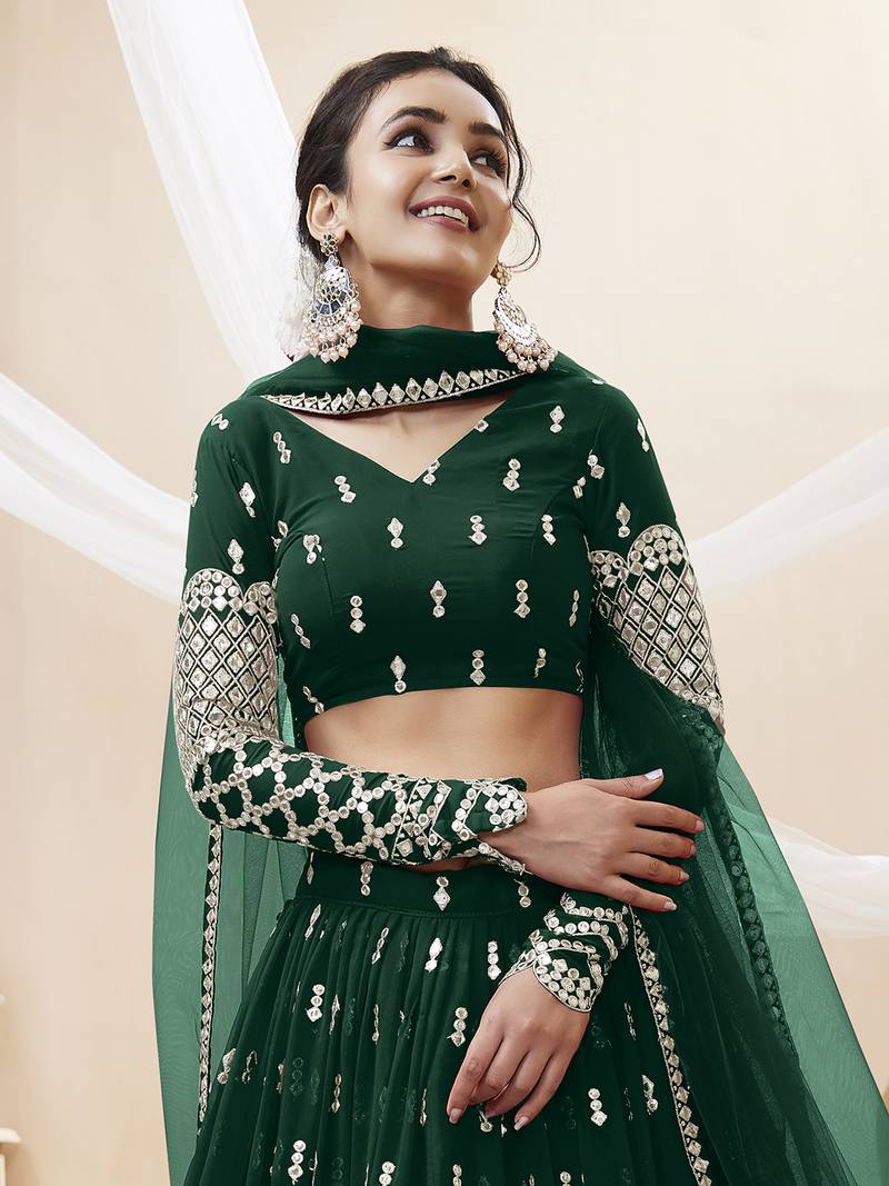 Alluring Green Sequins Georgette Bridesmaid Lehenga Choli With Dupatta