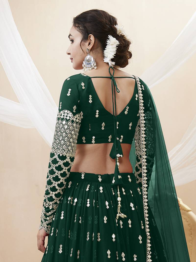 Alluring Green Sequins Georgette Bridesmaid Lehenga Choli With Dupatta