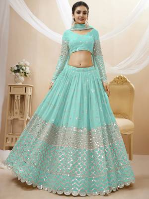 sky blue sequins georgette lehenga set choli with dupatta with dupatta 1