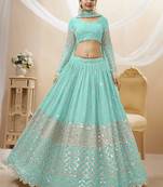 Alluring Sky-Blue Sequins Georgette Bridesmaid Lehenga Choli With Dupatta
