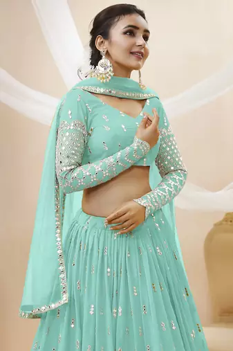 sky blue sequins georgette lehenga set choli with dupatta with dupatta