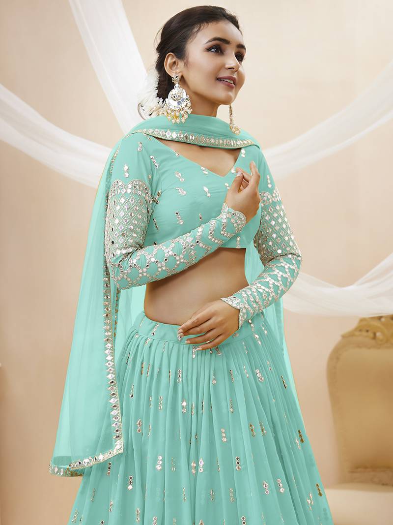 Alluring Sky-Blue Sequins Georgette Bridesmaid Lehenga Choli With Dupatta