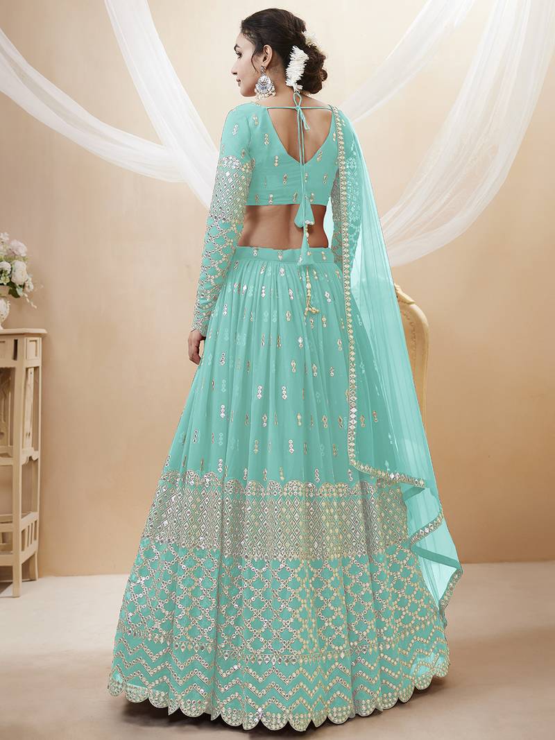 Alluring Sky-Blue Sequins Georgette Bridesmaid Lehenga Choli With Dupatta