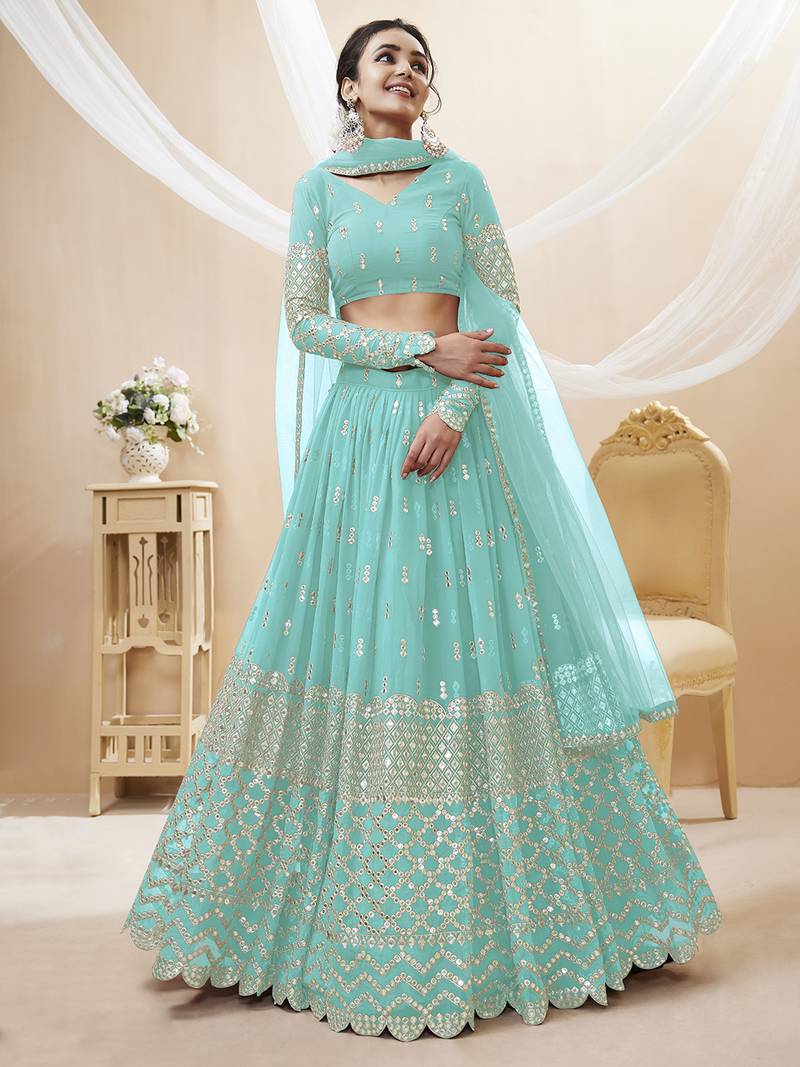 Alluring Sky-Blue Sequins Georgette Bridesmaid Lehenga Choli With Dupatta