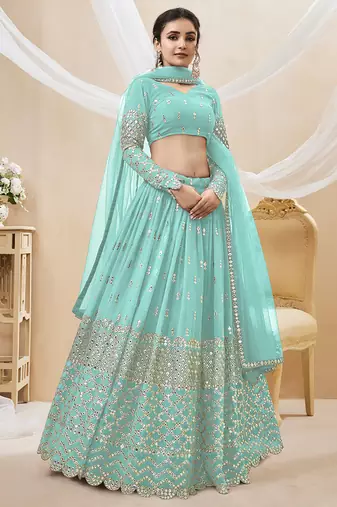 sky blue sequins georgette lehenga set choli with dupatta with dupatta