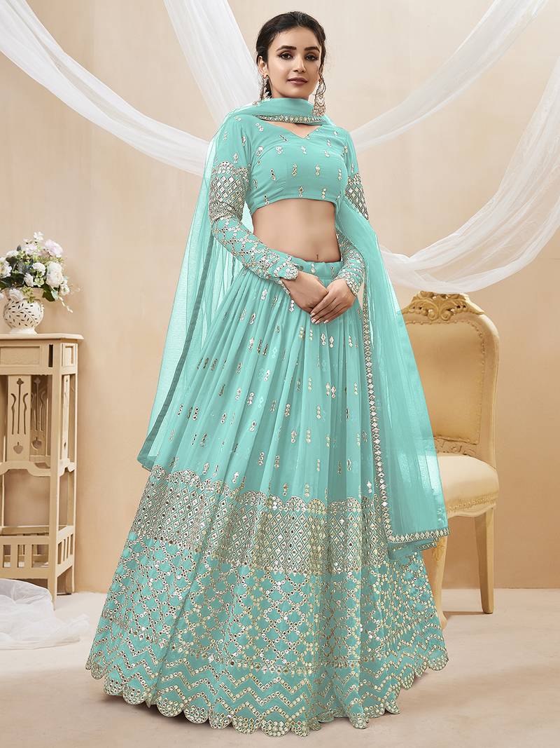 Alluring Sky-Blue Sequins Georgette Bridesmaid Lehenga Choli With Dupatta