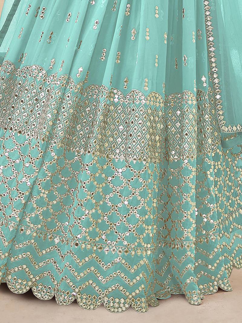 Alluring Sky-Blue Sequins Georgette Bridesmaid Lehenga Choli With Dupatta