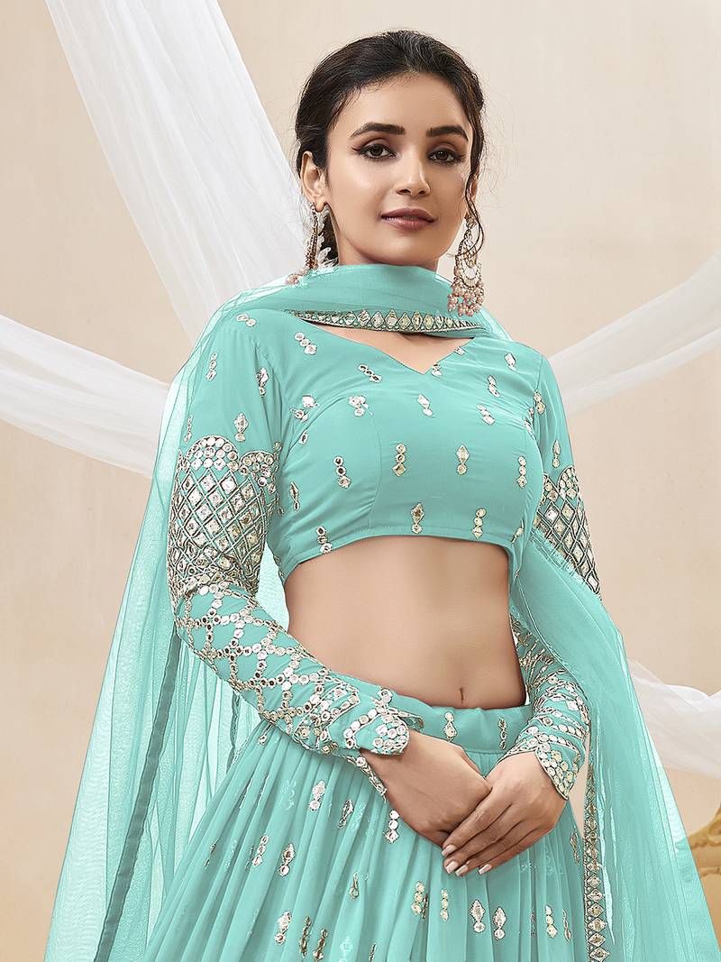 Alluring Sky-Blue Sequins Georgette Bridesmaid Lehenga Choli With Dupatta