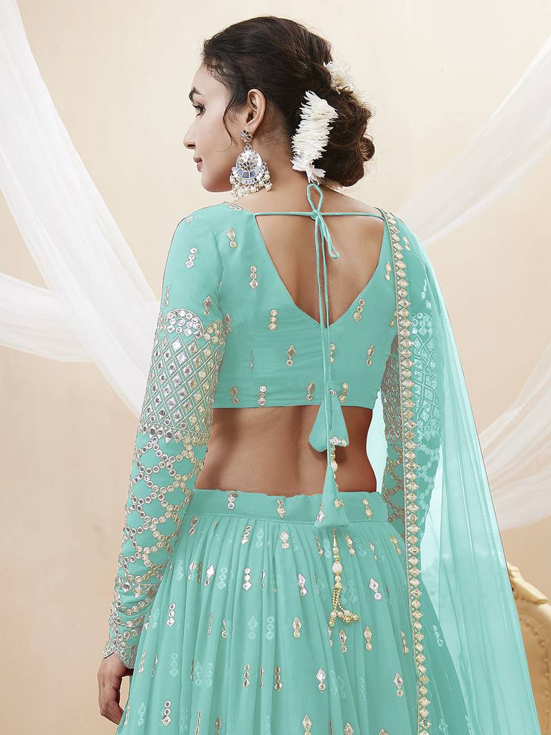 Alluring Sky-Blue Sequins Georgette Bridesmaid Lehenga Choli With Dupatta