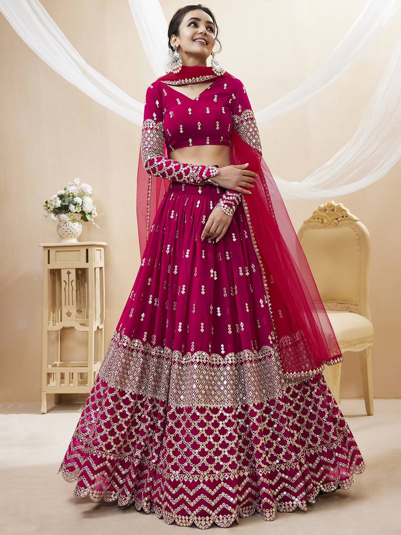 Alluring Hot-Pink Sequins Georgette Bridesmaid Lehenga Choli With Dupatta