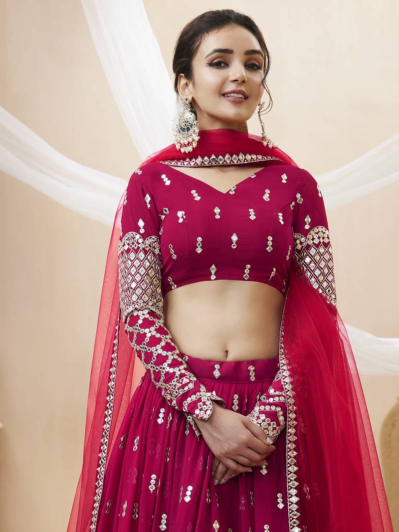 Alluring Hot-Pink Sequins Georgette Bridesmaid Lehenga Choli With Dupatta