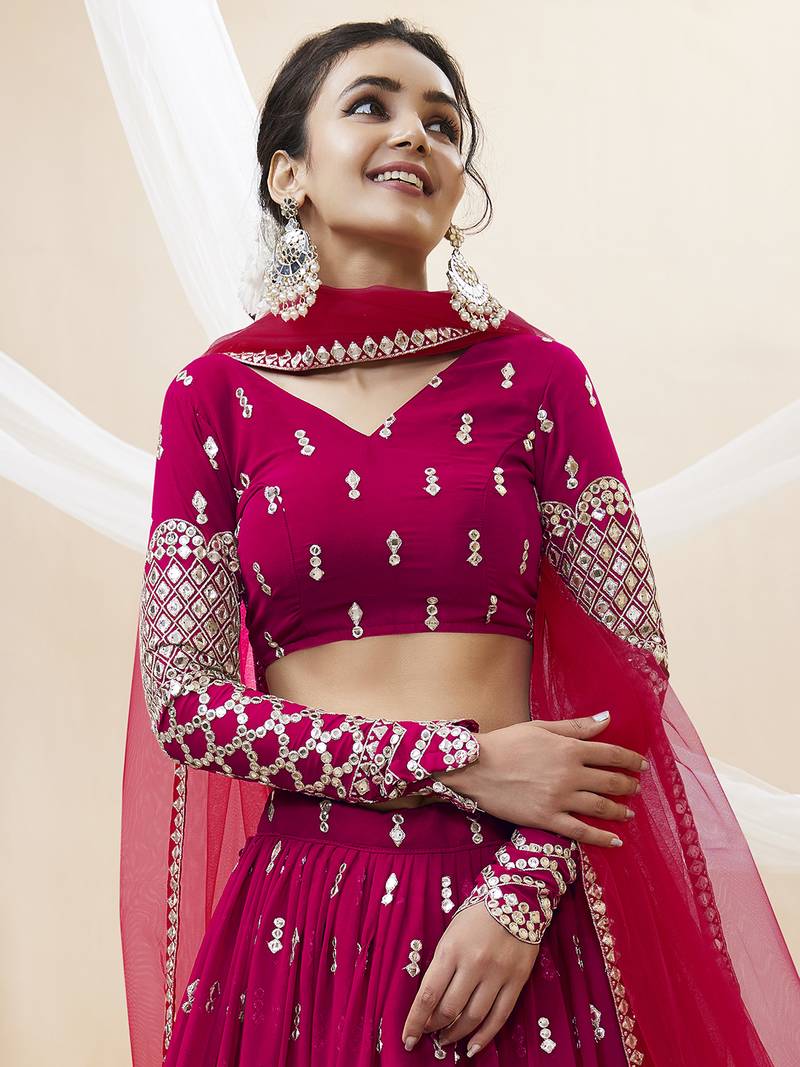 Alluring Hot-Pink Sequins Georgette Bridesmaid Lehenga Choli With Dupatta