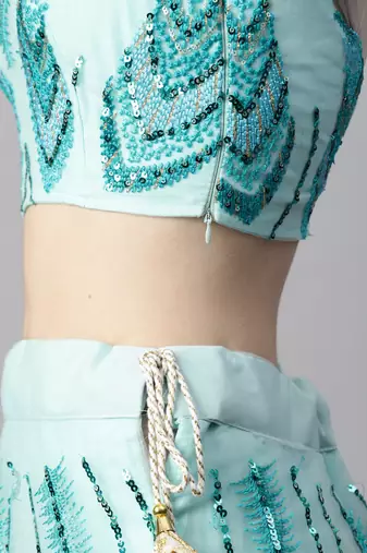 SKY BLUE  SEQUINCE & THREAD EMBROIDERED SOFT NET FESTIVE BRIDAL WEDDING & PARTY WEAR SEMI STITCHED LEHENGA