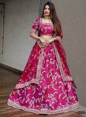 RANI PINK SEQUINCE DORI ZARI & THREAD EMBROIDERED ART SILK FESTIVE BRIDAL WEDDING & PARTY WEAR SEMI STITCHED LEHENGA 1