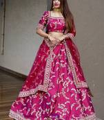 RANI PINK SEQUINCE DORI ZARI & THREAD EMBROIDERED ART SILK FESTIVE BRIDAL WEDDING & PARTY WEAR SEMI STITCHED LEHENGA
