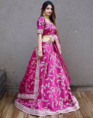 RANI PINK SEQUINCE DORI ZARI & THREAD EMBROIDERED ART SILK FESTIVE BRIDAL WEDDING & PARTY WEAR SEMI STITCHED LEHENGA 2