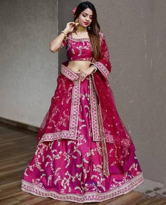 RANI PINK SEQUINCE DORI ZARI & THREAD EMBROIDERED ART SILK FESTIVE BRIDAL WEDDING & PARTY WEAR SEMI STITCHED LEHENGA 3