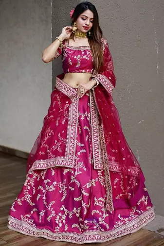 RANI PINK SEQUINCE DORI ZARI & THREAD EMBROIDERED ART SILK FESTIVE BRIDAL WEDDING & PARTY WEAR SEMI STITCHED LEHENGA