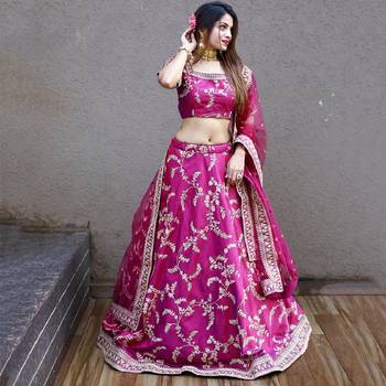 RANI PINK SEQUINCE DORI ZARI & THREAD EMBROIDERED ART SILK FESTIVE BRIDAL WEDDING & PARTY WEAR SEMI STITCHED LEHENGA 4