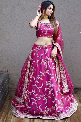 RANI PINK SEQUINCE DORI ZARI & THREAD EMBROIDERED ART SILK FESTIVE BRIDAL WEDDING & PARTY WEAR SEMI STITCHED LEHENGA