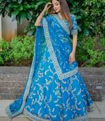 TURQUOISE SEQUINCE DORI ZARI & THREAD EMBROIDERED ART SILK FESTIVE BRIDAL WEDDING & PARTY WEAR SEMI STITCHED LEHENGA