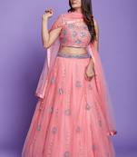PINK THREAD MIRROR & GLITTER EMBROIDERED NET TRADITIONAL NAVRATRI PARTY WEAR FESTIVAL STITCHED LEHENGA CHOLI
